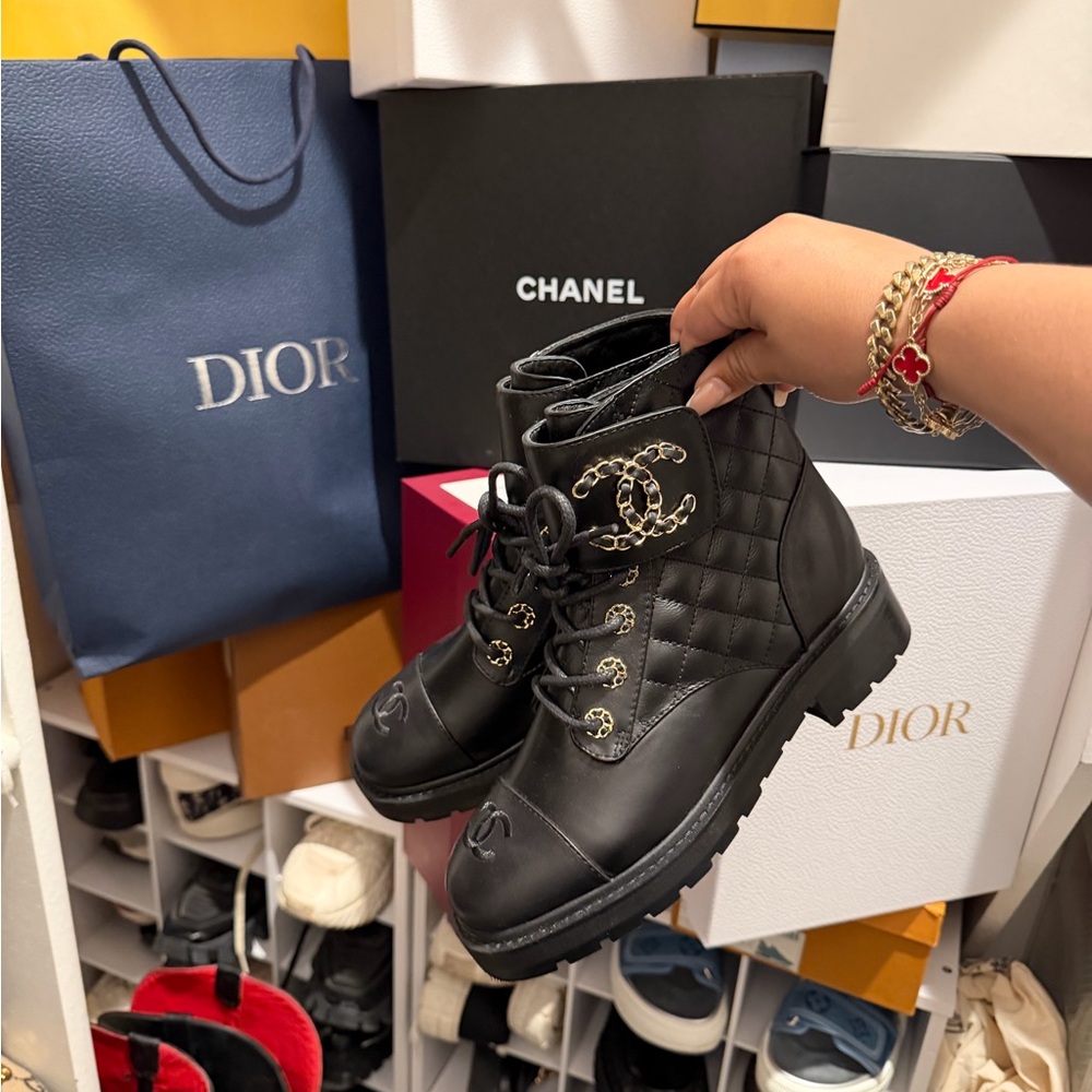 Designer like Chanel Black Quilted Leather Combat Boots - Picture 4 of 4